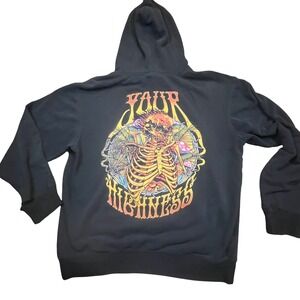 Your Highness Mens‎ Flaming Skull Mushroom Distressed Hoodie Black Large